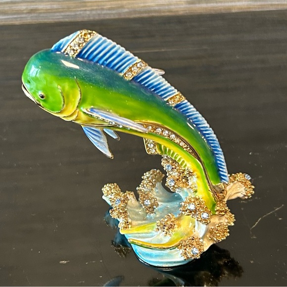 El Dorado Other - Jeweled Enamel Mahi Mahi Fish Hinged Trinket Box Figurine Blue & Green